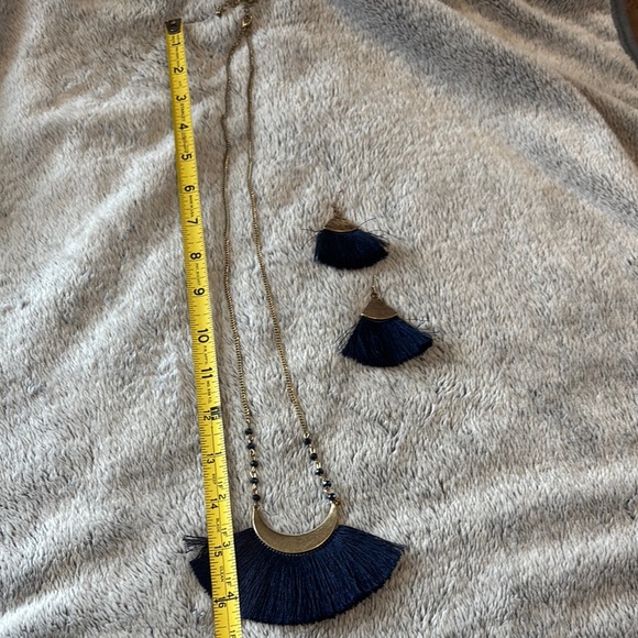 Boho Chic Gold and Navy Tassel Necklace and Earring Set - Picture 4 of 5